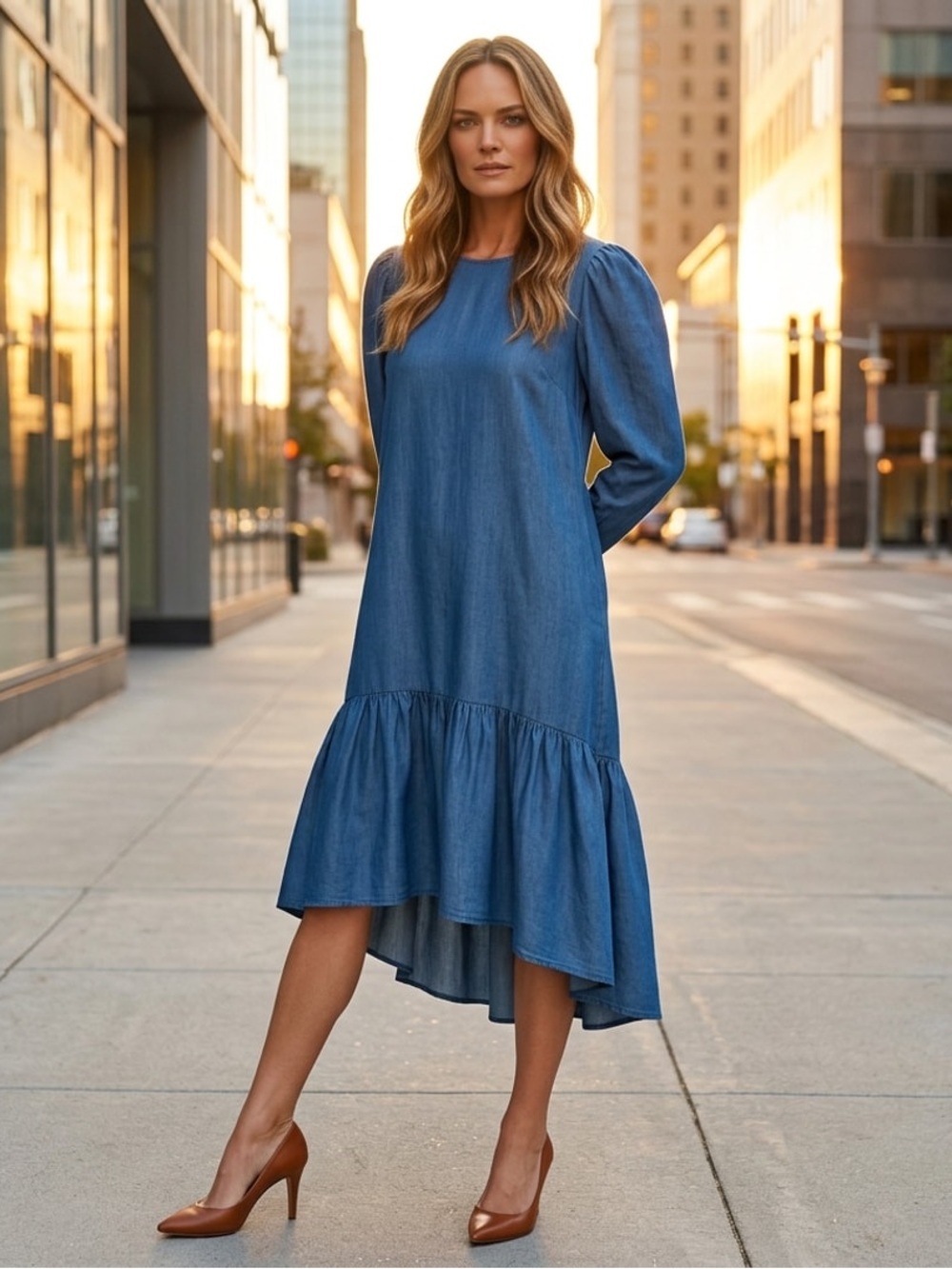 NWOT Zara Blue Turquoise Baloon Long Sleeve Ruffle Hem Asymmetric Midi Dress L